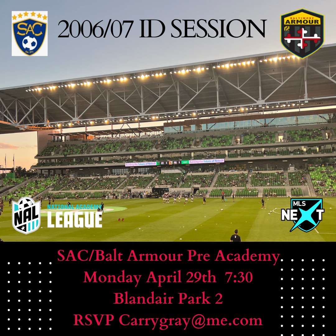 We will be having an ID session for the 2006/07 SAC/Balt Armour Pre Academy team on Monday April 29th 7:30-9 at Blandair Park #2. Please RSVP to Coach Paul Capodanno at carrygray@me.com