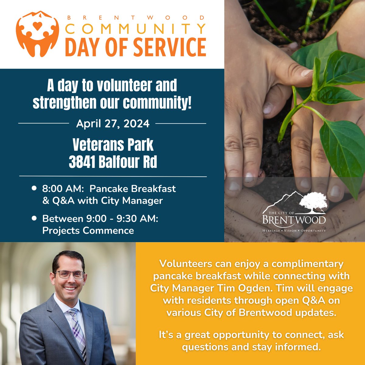 During the Brentwood Community Day of Service, volunteers can enjoy a complimentary pancake breakfast while connecting with City Manager Tim Ogden. Tim will engage with residents through open Q&A on various City of Brentwood updates. 🗓️ Saturday, April 27, 2024 @ 8AM