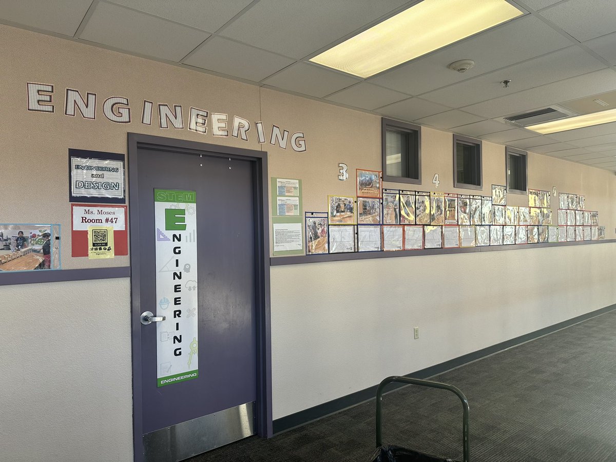 I updated the hallway display our students call the “Engineering Wall of Fame” for the last time this school year. The plastic pockets include: action/team photos, design plans, & written reflections from the Keva plank ball runs challenge. 😍 K-5th grade #STEM #commUNITY