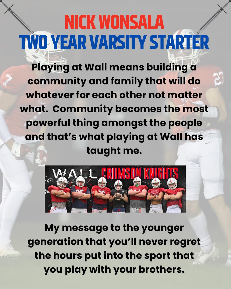 🗡️Class of ‘24 Senior Spotlight🗡️<a href="/NWonsala/">Nicholas Wonsala</a> 🗡️2 year varsity starter at WR and return specialist. 🗡️Nick  is undecided about where is wants to go to school but wants to study law. 🗡️<a href="/EdGurrieri/">Ed Gurrieri</a> <a href="/coachrogers328/">Coach Rogers</a> <a href="/WallAthletics/">Wall Twp Crimson Knights</a> 🗡️#stayhome🗡️#HONORingourtradition🗡️#defineourfuture🗡️