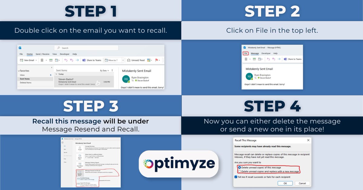 Sent an email too soon? No worries, you can recall it in Microsoft Outlook by following these easy steps.

Accidents happen, but with Outlook's recall function, you get a second chance. Check out the full process in our infographic, courtesy of Optimyze

#ManagedIT #Tech