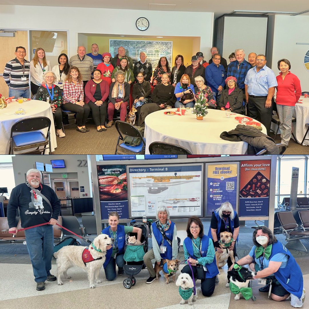 FlySJC's tweet image. It's #NationalVolunteerAppreciationWeek! We have over 100 volunteers at SJC. Some assist passengers at the info booths. Others comfort folks with their lovable #therapyanimals. All of them bring smiles to the community and enrich the passenger experience. Thank you, #volunteers!