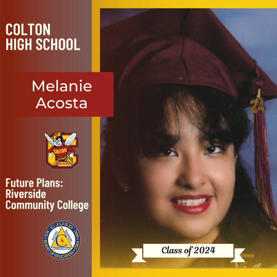 Congrats to Colton HS 🎓senior Melanie Acosta, who plans to attend Riverside Community College! We wish you all the best! #CJUSDCares #CHS #Colton 🐝🎉
Seniors, to be featured in our #CJUSD Class of 2023 Spotlight, fill out the form by following the link in our bio.