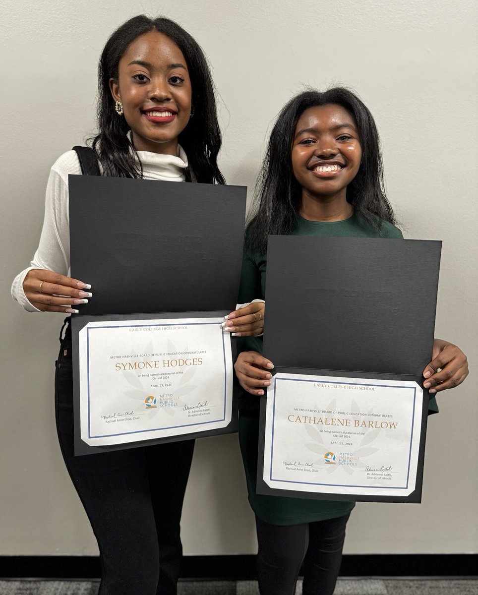 Our ECHS Class of 2024 VALEDICTORIAN, Symone, & SALUTATORIAN, Cathalene, were honored at the @MetroSchools BOE! Both Ss will be graduating with their HS diploma AND their associate degree (@NashvilleState ). It feels so nice to graduate twice 💚🤍! #ECHSLevelUp #HSDualEnrollment