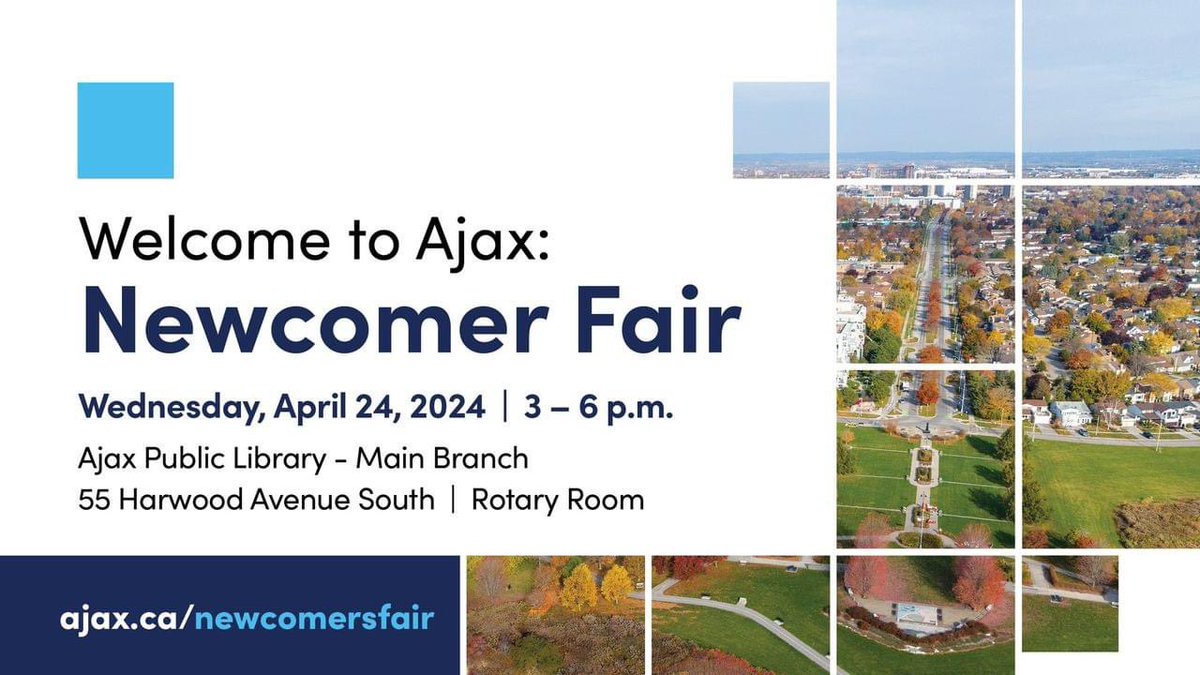 Are you a newcomer to Ajax or interested in learning more about what’s available in #TOA &amp; around The Regional Municipality of Durham?🤔

➡️Registration not required but visit ajax.ca/newcomersfair to let us know you're coming and for more details!