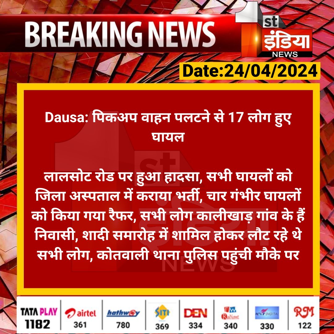#Dausa: पिकअप वाहन पलटने से 17 लोग हुए घायल

लालसोट रोड पर हुआ हादसा, सभी घायलों को जिला अस्पताल में कराया भर्ती...

#RajasthanWithFirstIndia #accident @DausaPolice