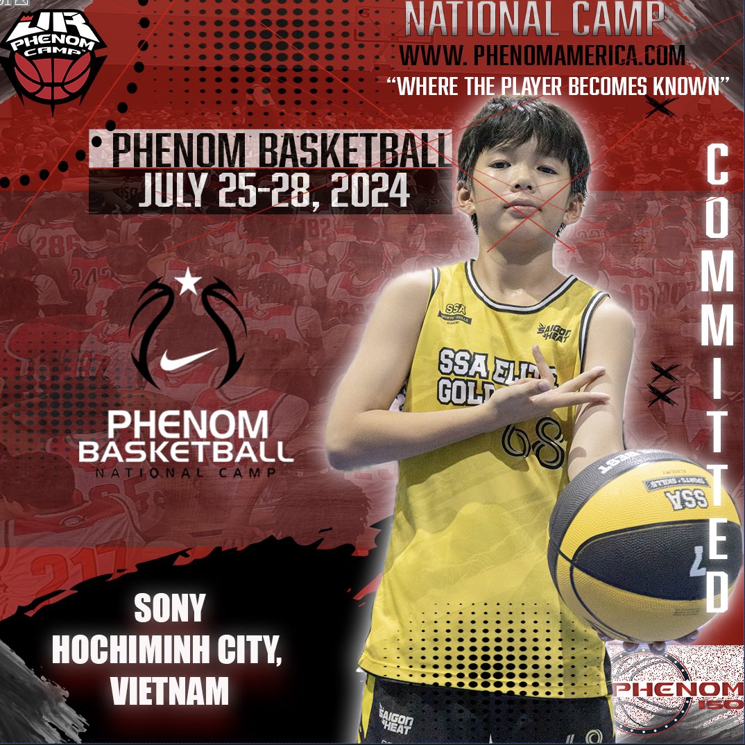 Phenom Basketball is excited to announce that SONY from Hochiminh City, Vietnam will be attending the 2024 Phenom National Camp in Orange County, California on July 25-28!
.
.
#wheretheplayerbecomesknown
#PhenomAmerica #PhenomNationalCamp #Phenom150 #jrphenomcamp #GatoradePartner