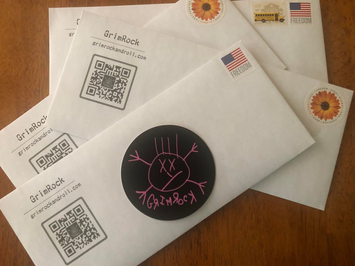 GrimMail left tonight! I have two in the US (#California  & #Pennsylvania ) plus two going global (#Canada  & #sweeden). They will be getting that awesome new pink 3' circle decal I got from @stickermule (plus a little extra as usual)! Rock on!