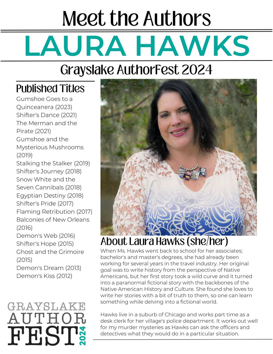 GL_AuthorFest's tweet photo. Check out more of the #FeaturedAuthors for #GrayslakeAuthorFest2024! We've got @jeffriesbooks, @AuthorLHawks, @KimOclon and Annie L. Mendez (@Atlas2Recreate). Come see them on June 22 outside the @GrayslakeHCM! https://t.co/7pCoHBRASL
