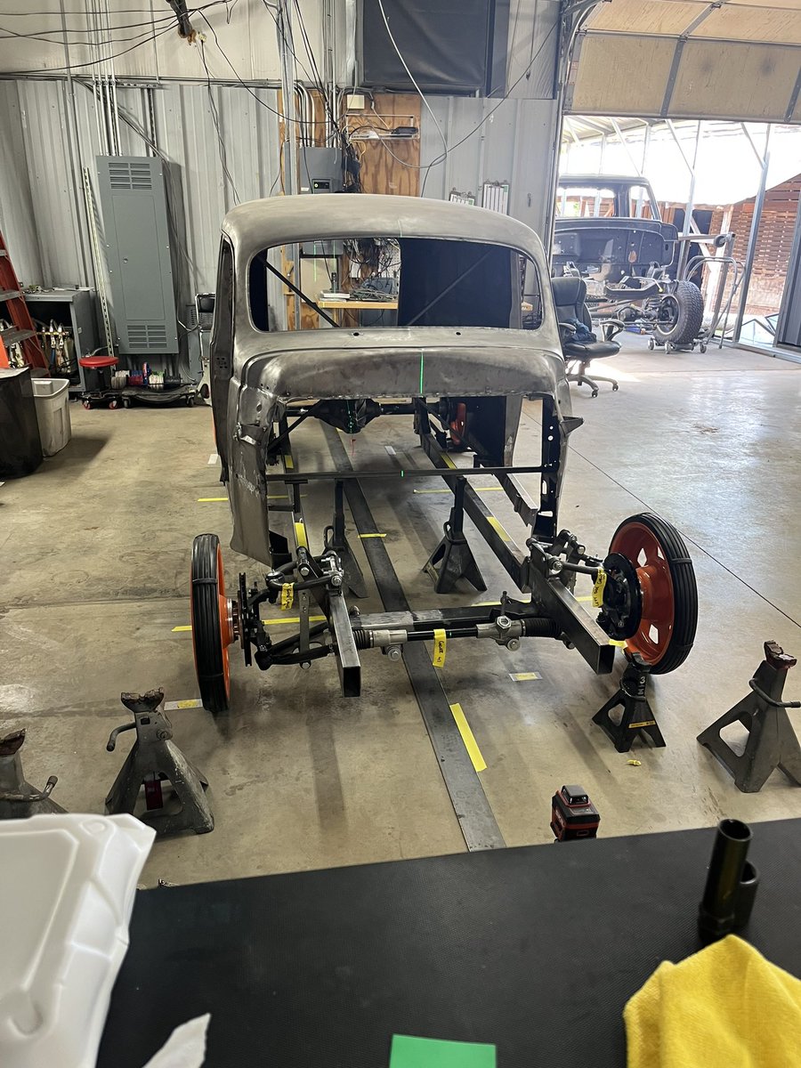 Lots of metal work left on this cool ‘41 Plymouth P11 Sedan Delivery, but still cool to see the body mocked up on the new frame!
