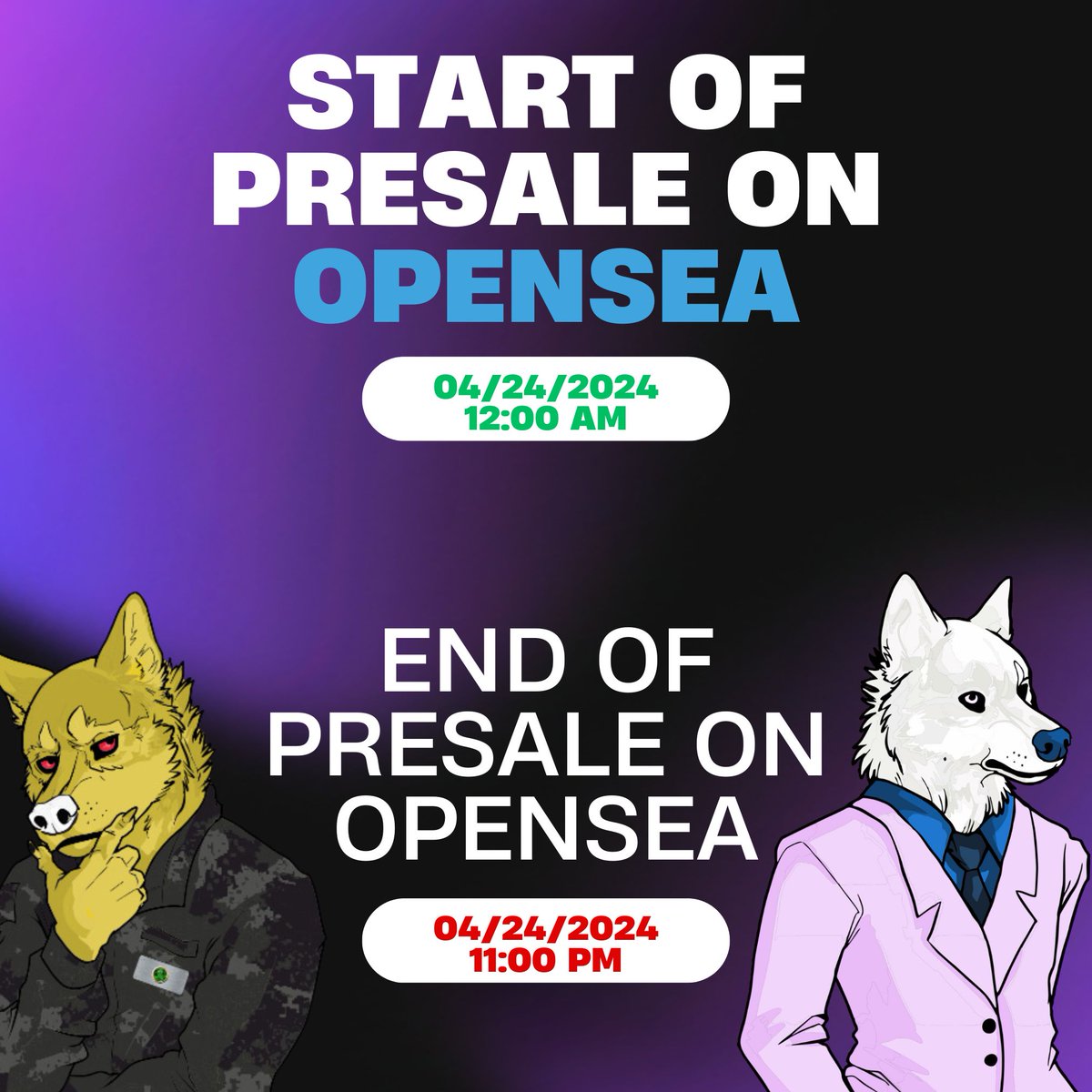 BusinessWolfNFT's tweet photo. ⏰START OF PRESALE ON OPENSEA⏰

🟢𝐏𝐑𝐄-𝐒𝐀𝐋𝐄: https://t.co/AseqMnq8Dm

☑️Official Website ➡️https://t.co/OrX6NpB305

☑️Discord: https://t.co/8KwW5w4AFN

💥⏰END OF PRE-SALE : 11:00 PM 04/24/2024

#Presale #NFTCommunity #NFTdrop