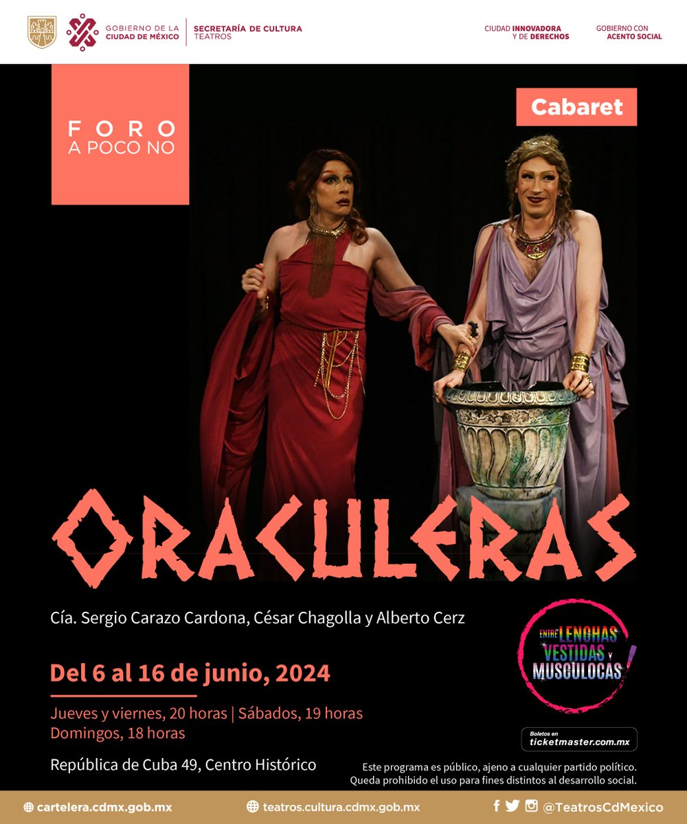 Alexandrag y Cassandrag, dos pitonisas griegas, narran los mitos en los que las deidades y los grandes héroes son perpetuadores de violencia sistémica contra travestis y afeminados. En junio temporada de #Oraculeras en el #ForoAPocoNo, boletos a la venta este viernes.