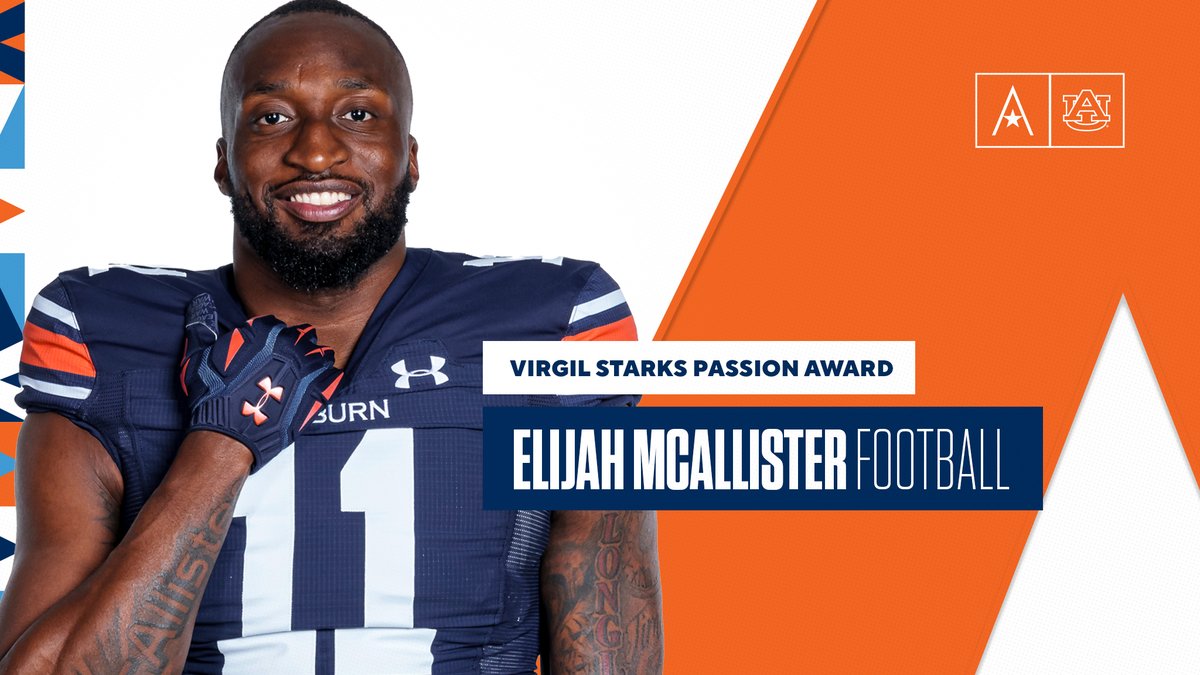 Auburn Tigers (@auburntigers) on Twitter photo The 2024 male recipient of the Virgil Starks Passion Award has been awarded to <a href="/e_mcallister1/">Elijah McAllister</a> from <a href="/AuburnFootball/">Auburn Football</a>! 🏈
#AuburnTigers | #AUSPYS The 2024 male recipient of the Virgil Starks Passion Award has been awarded to <a href="/e_mcallister1/">Elijah McAllister</a> from <a href="/AuburnFootball/">Auburn Football</a>! 🏈
#AuburnTigers | #AUSPYS