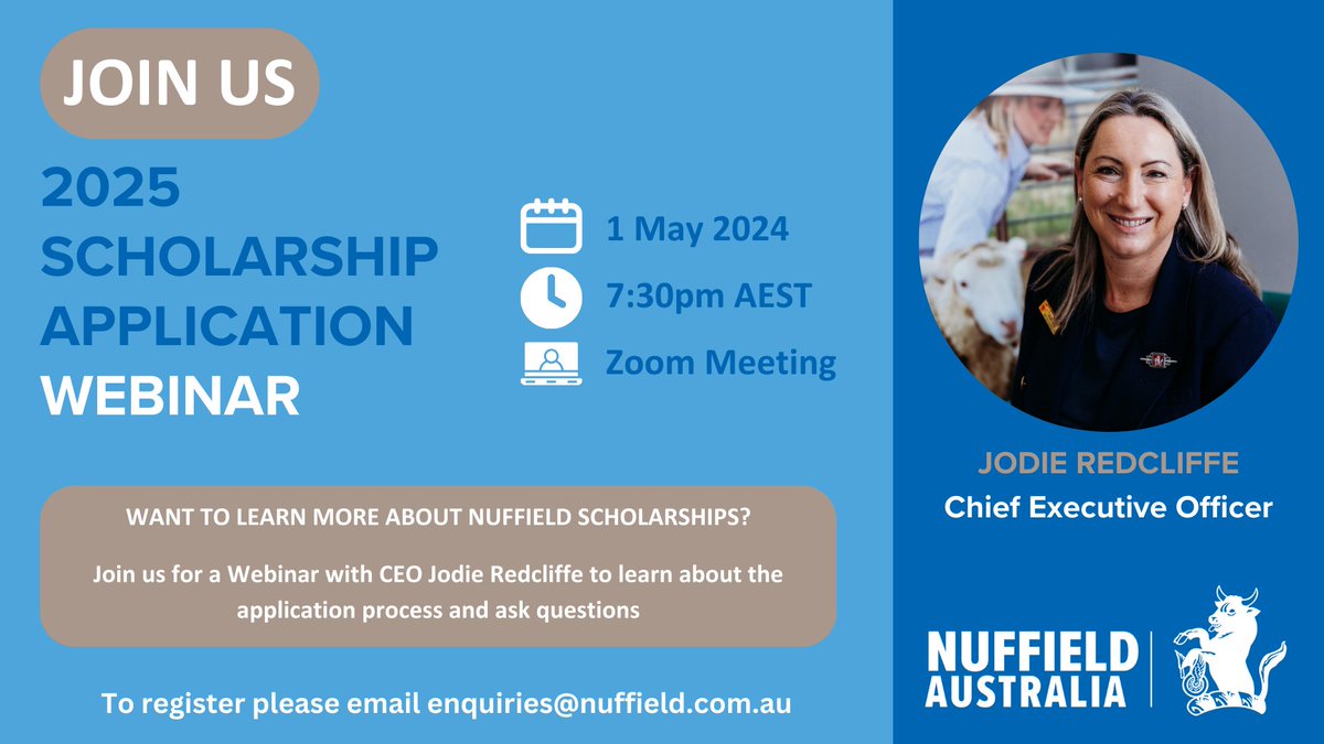 Considering applying for a Nuffield Scholarship but not sure where to start? Join us for a webinar with our CEO, Jodie Redcliffe, to learn all about the scholarships and ask a bunch of questions! 📨Email enquiries@nuffield.com.au to register Apply today nuffield.com.au
