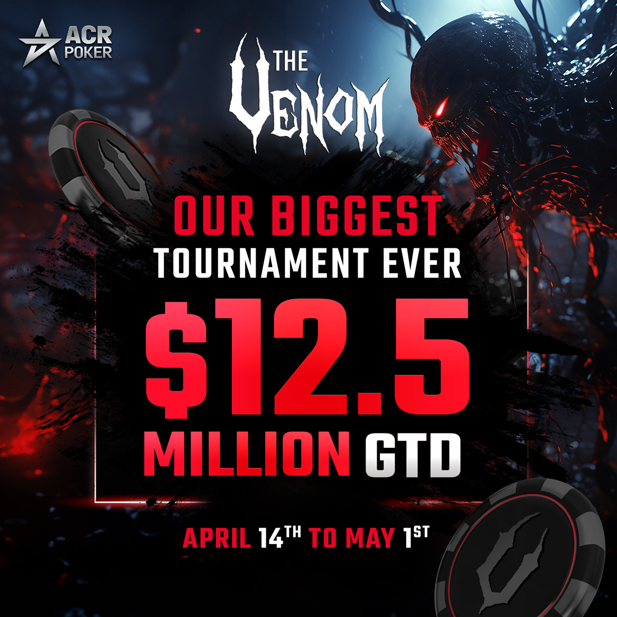 Get ready for Day 1D of the $12.5M GTD #Venom, starting today at 1:05pm ET. 🔥 Each player starts with 300,000 chips, with blinds increasing every 20 minutes. Late registration is open all day.  You don’t want to miss our 5th Venom anniversary! 🚀
