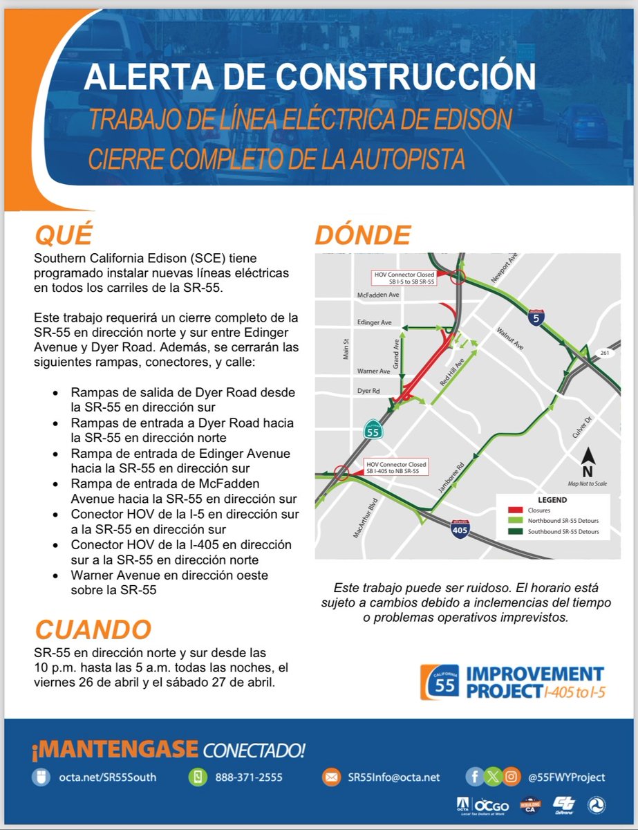 Take note, #SD34 commuters! 🚧 All lanes of SR-55 will be completely closed on Friday and Saturday evenings for @SCE to install power lines. See maps/flyers below for closures and suggested detours. @GoOCTA, @CalTransDist7