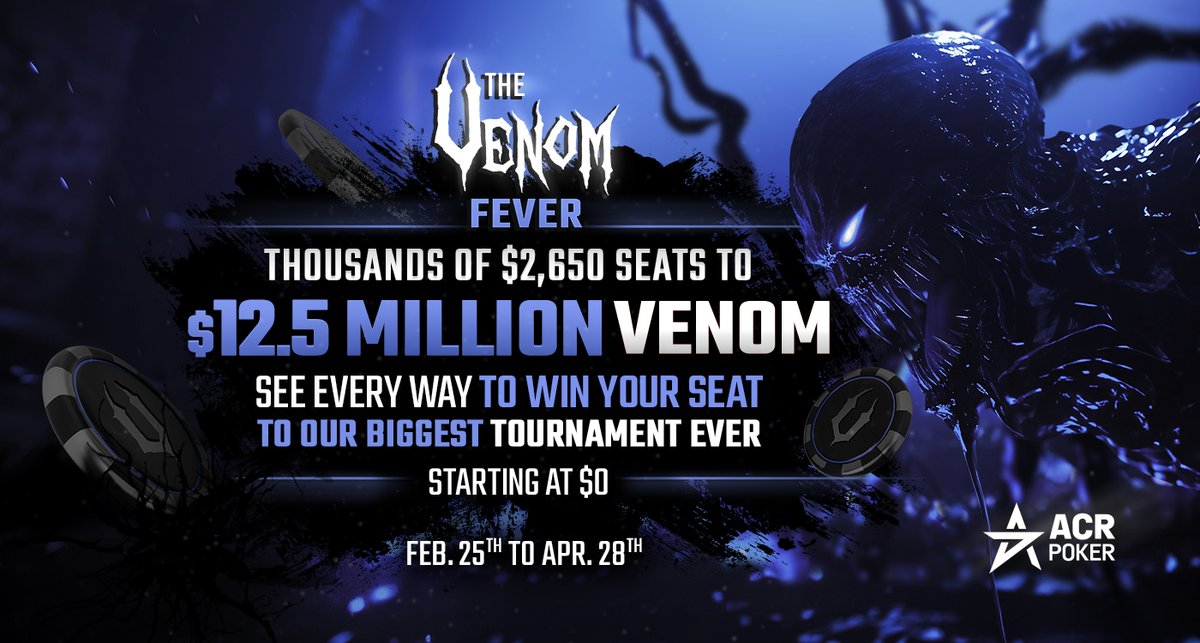 Don't miss your chance to qualify to our biggest #Venom ever, $12.5M GTD! 💥  🎟️ Today we have the #VenomFever Mega Satellites at 1:30pm ET! 📌 $55 10-Venom Seats GTD. 📌 $109 20-Venom Seats GTD. 🗓️ Tomorrow, April 28th is the last Day 1 at 1:05pm ET.