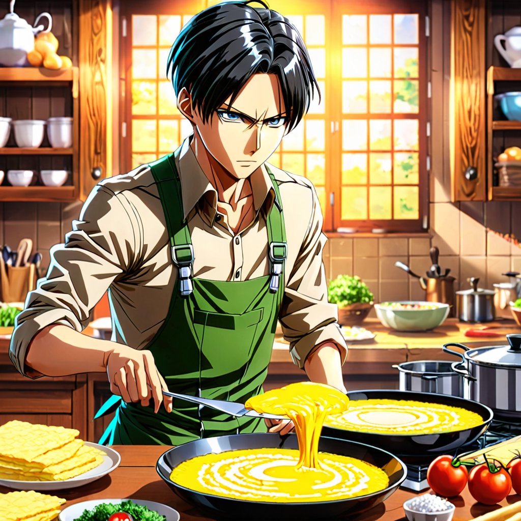 LauraDiputada's tweet photo. アニメ「進撃の巨人」のリヴァイ兵長は、実は料理が得意で、特にオムレツ作りにかけてはかなりの腕前。劇中ではほとんど描かれていないが、スピンオフ作品「進撃！巨人中学校」では、リヴァイが生徒たちにオムレツを作ってあげるシーンが登場する。そのオムレツは、生地がふわふわで、具材がたっぷり入っており、生徒たちから大好評だったという。