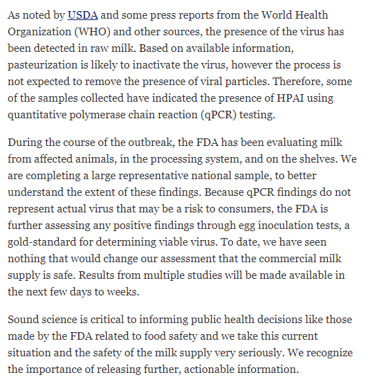 Viral particles of H5N1 bird flu have been found in commercial milk but the FDA says it's safe to drink. Testing is currently underway to confirm pasteurization killed the virus. Results will be made public in the coming days or weeks.