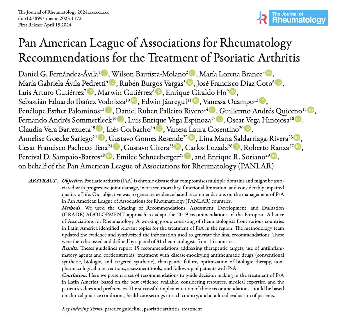 ✅ Socializamos la reciente publicación de las recomendaciones de manejo de #ArtritisPsoriásica de @PanlarLeague en @jrheum ✅ Estas guías contribuirán a estandarizar y optimizar el tratamiento de esta condición #Reumatología #Dermatología @PanlarJ ➡ lnkd.in/gMjK-Zqg