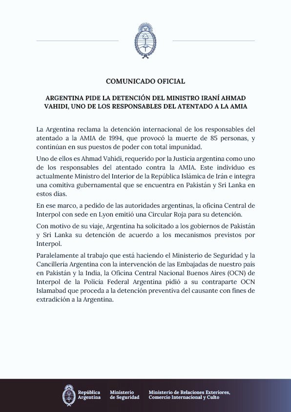 A pedido del @MinSeg @Interpol emitió una #AlertaRoja para la detención del Ministro irani responsable del #atentadoalaAMIA