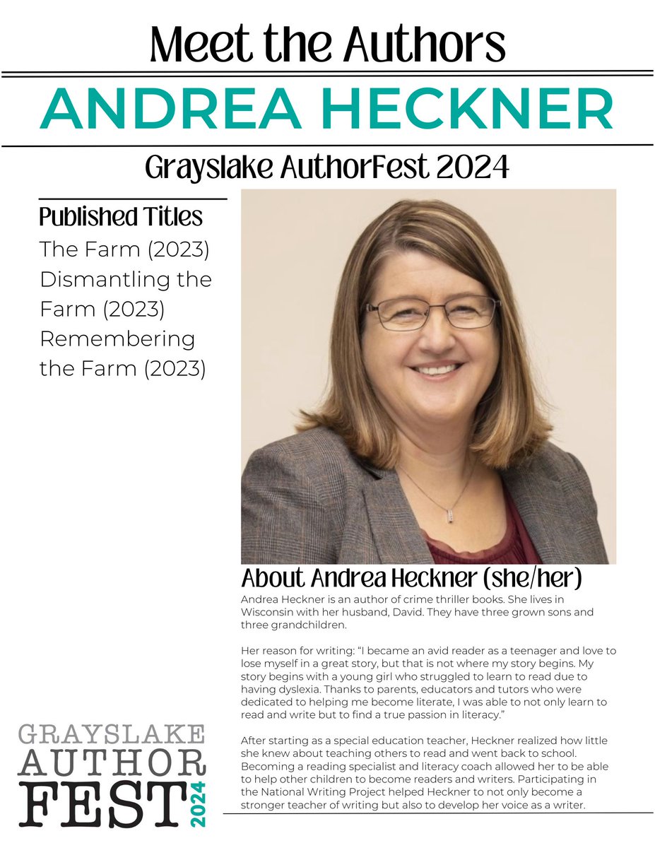 GL_AuthorFest's tweet photo. Check out more of the #FeaturedAuthors for #GrayslakeAuthorFest2024! We've got Anne E. Beall, @vastine7, Andrea Heckner and @rebeccagarner__! Come see them on June 22 outside the @GrayslakeHCM! https://t.co/EodbLg27LF
