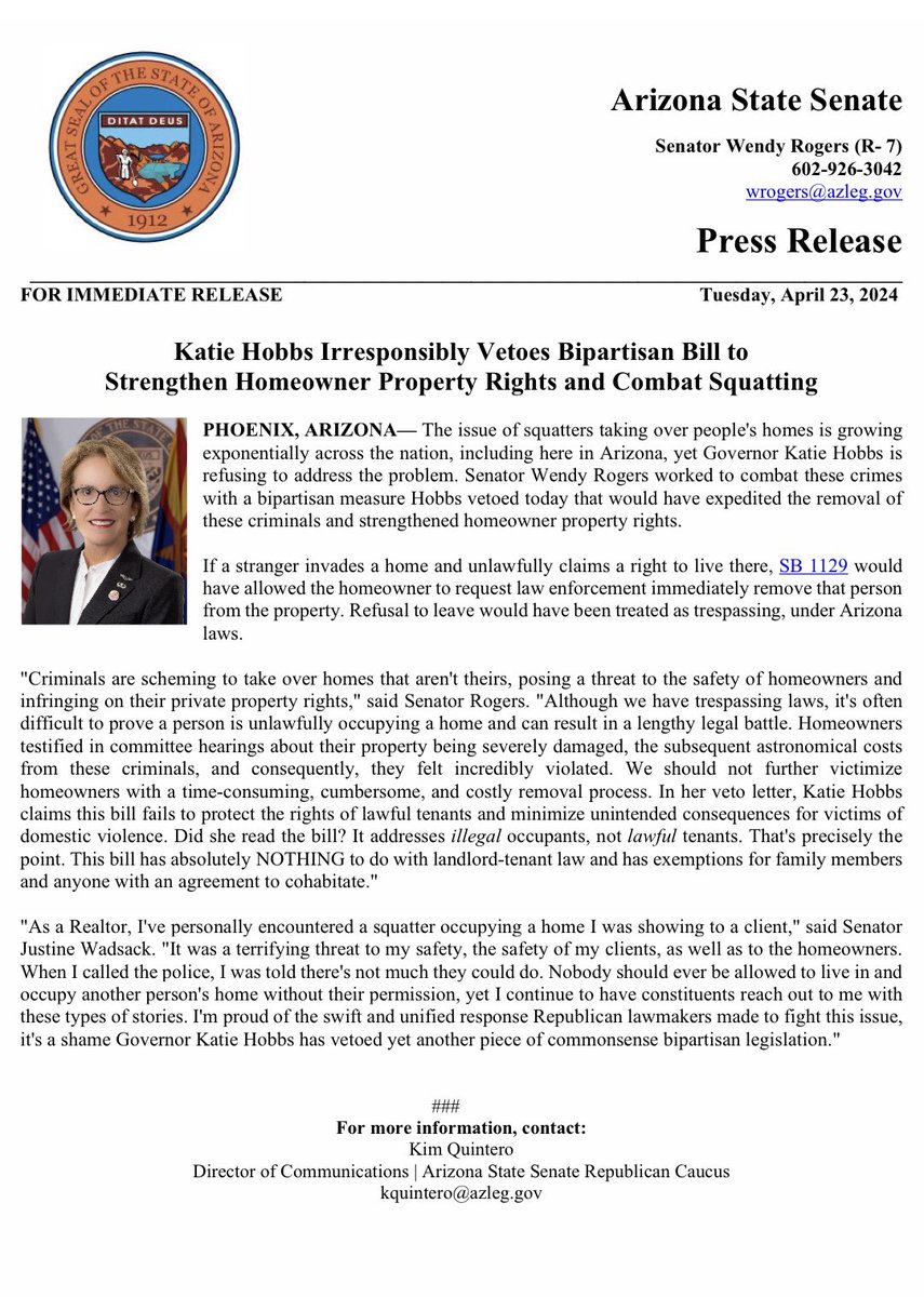 🚨 FOR IMMEDIATE RELEASE: Katie Hobbs Irresponsibly Vetoes Bipartisan Bill to Strengthen Homeowner Property Rights and Combat Squatting