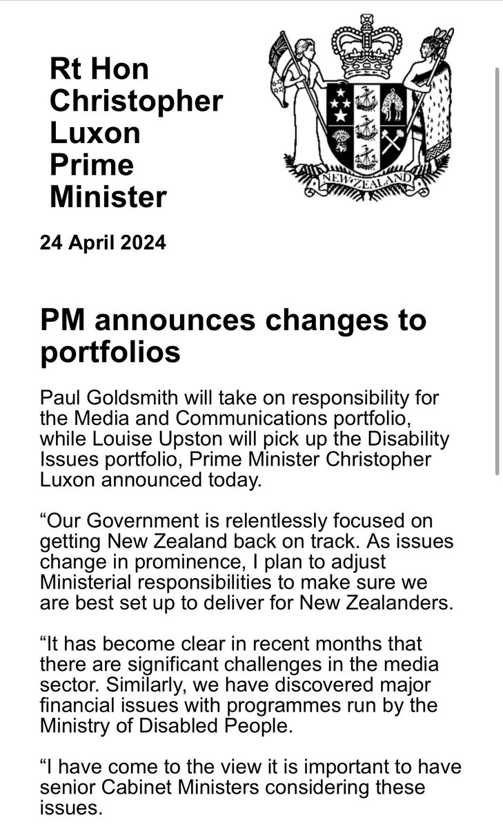 Wow. Luxon has sacked Melissa Lee as media minister and Penny Simmonds as disability minister. Lee leaves cabinet and Watts comes in as climate change minister.