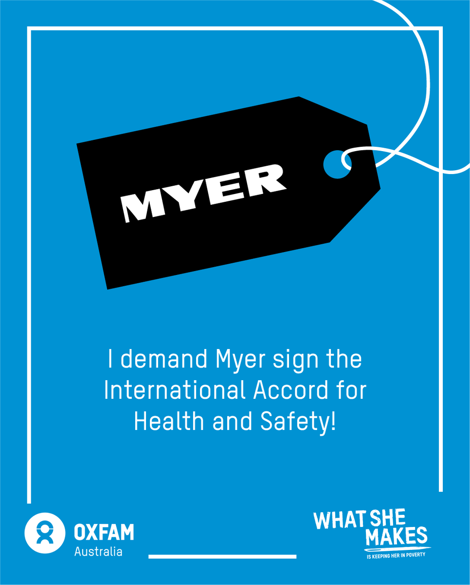 📢Today, 11 years ago, the #RanaPlaza garment factory collapsed & killed 1,100+ workers. To protect workers, we negotiated the @SafetyAccord with brands but MYER won't sign. Demand myer prioritise safety over profits. Share & tag @myer to take action!