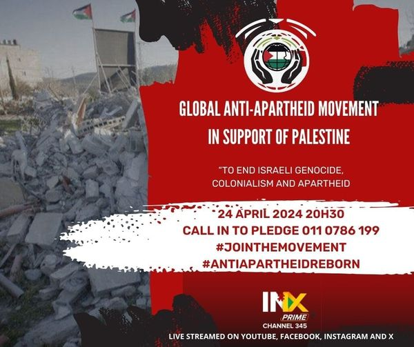 Learn about the upcoming Global Anti-Apartheid Conference, scheduled for 10-12 May 2024.
And donate to make the conference a success.
Today, Wed, 24 April.
Watch on: DSTV Ch 345, livestream on INX's page on facebook, insta, YouTube, X
@InxPrime #antiapartheid @PalestinePapsn