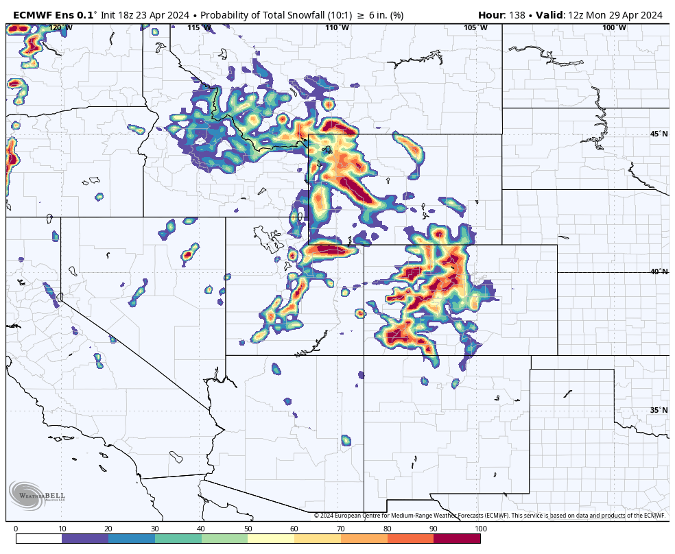 Pretty good hit of late-season snow for the mountains Fri. PM/Saturday. 

Looks like a widespread 6'+ storm above 9k feet, with some 12'+ totals likely along/north of I-70. Travel impacts likely!

#9wx #COwx