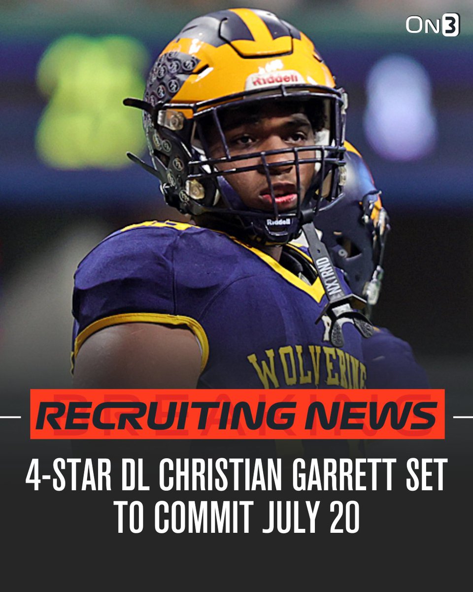 4-star DL Christian Garrett will take official visits to Clemson, Georgia, Georgia Tech and Tennessee before announcing his commitment on July 20👀 Garrett ranks No. 63 NATL. (No. 5 DL) in the 2025 On300⭐️ Read: on3.com/news/4-star-dl…