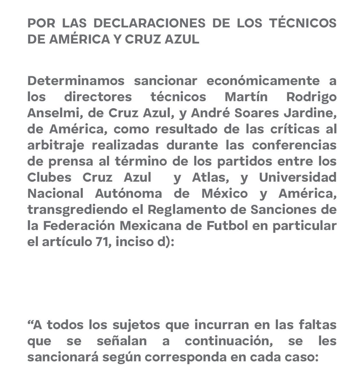 Sancionado Martín Anselmi, DT de @CruzAzul , tras sus declaraciones sobre el arbitraje. @FOXDeportes