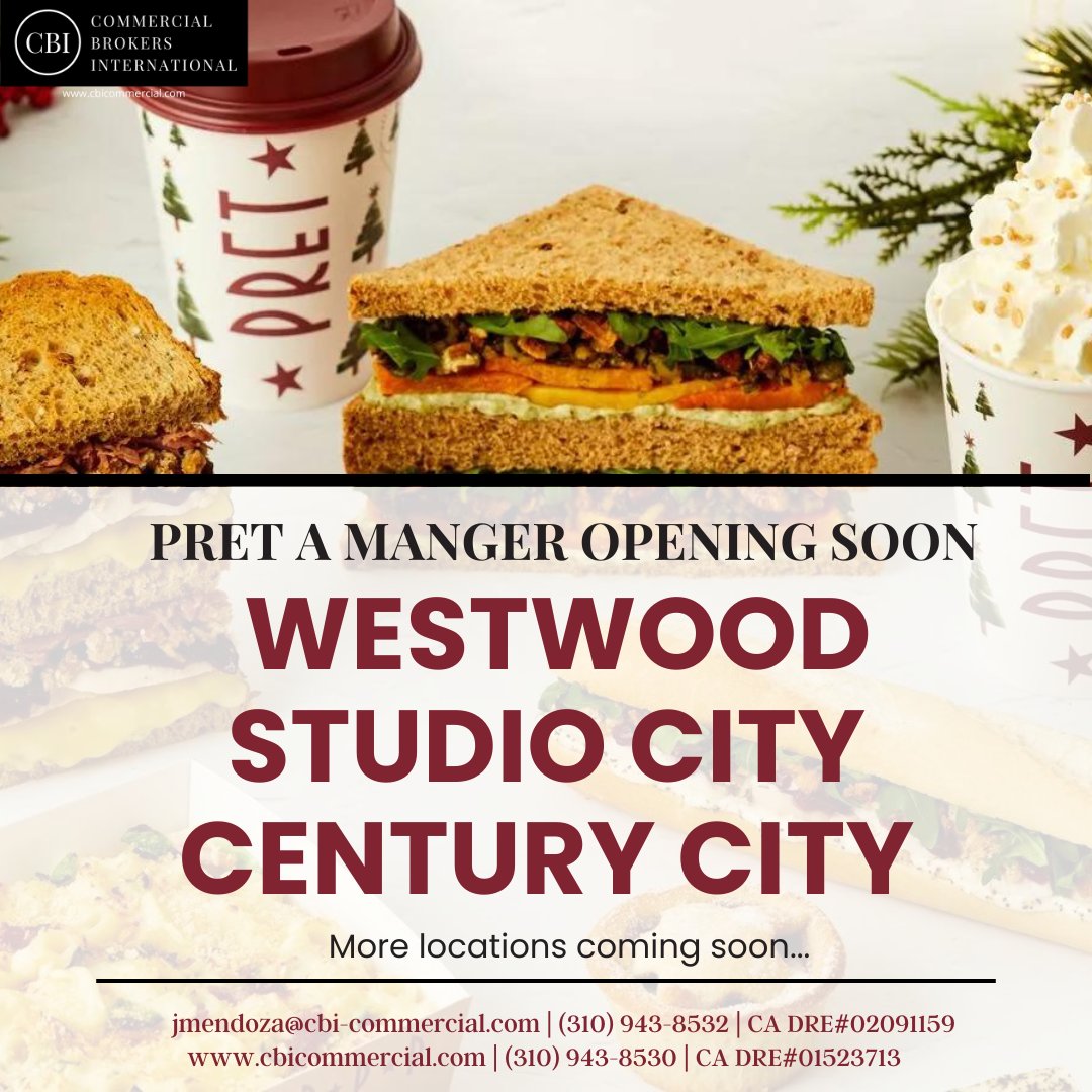 Beloved Pret A Manger is coming to California! 🥪🧃 Opening in Westwood, Century City, and Studio City. Contact Joel Mendoza for potential site proposals and leasing inquiries at jmendoza@cbi-commercial.com or 310-943-8532 #pretamanger #restaurant #leasing #realestate