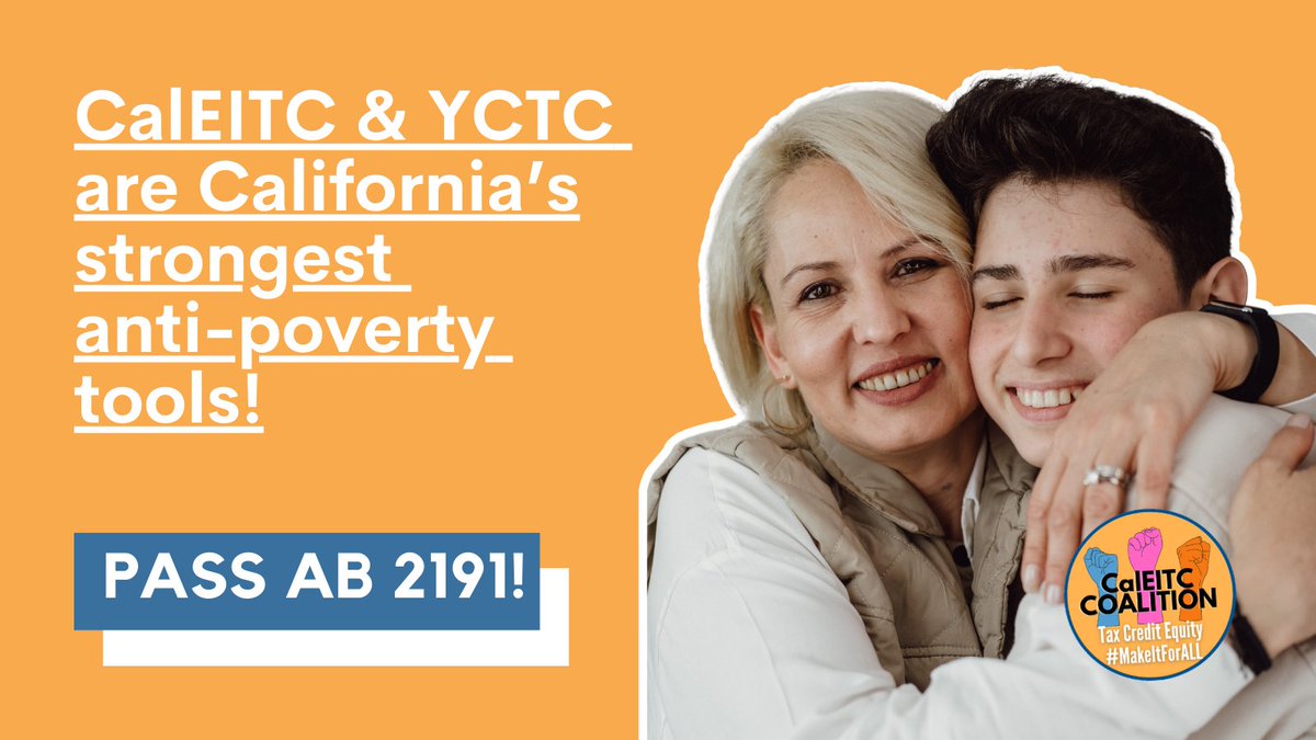 Tomorrow, @MSantiagoAD54 will present on our sponsored bill AB 2191 in the Asm Appropriations Committee.

#CALeg: AB 2191 expands #FreeTaxPrepPays to ensure that all eligible families have access to the #CalEITC and #YCTC through trusted community partners.