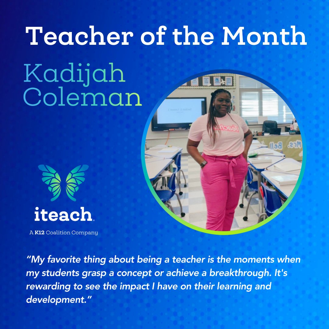 Join us in celebrating Kadijah Bell Coleman, our iteach Teacher of the Month at @CPSBschools in Lake Charles, Louisiana. Kadijah's commitment to her students shines brightly every day. To read more of her story click here: iteach.net/blog/april-202… #iteach #Louisiana #Teachers