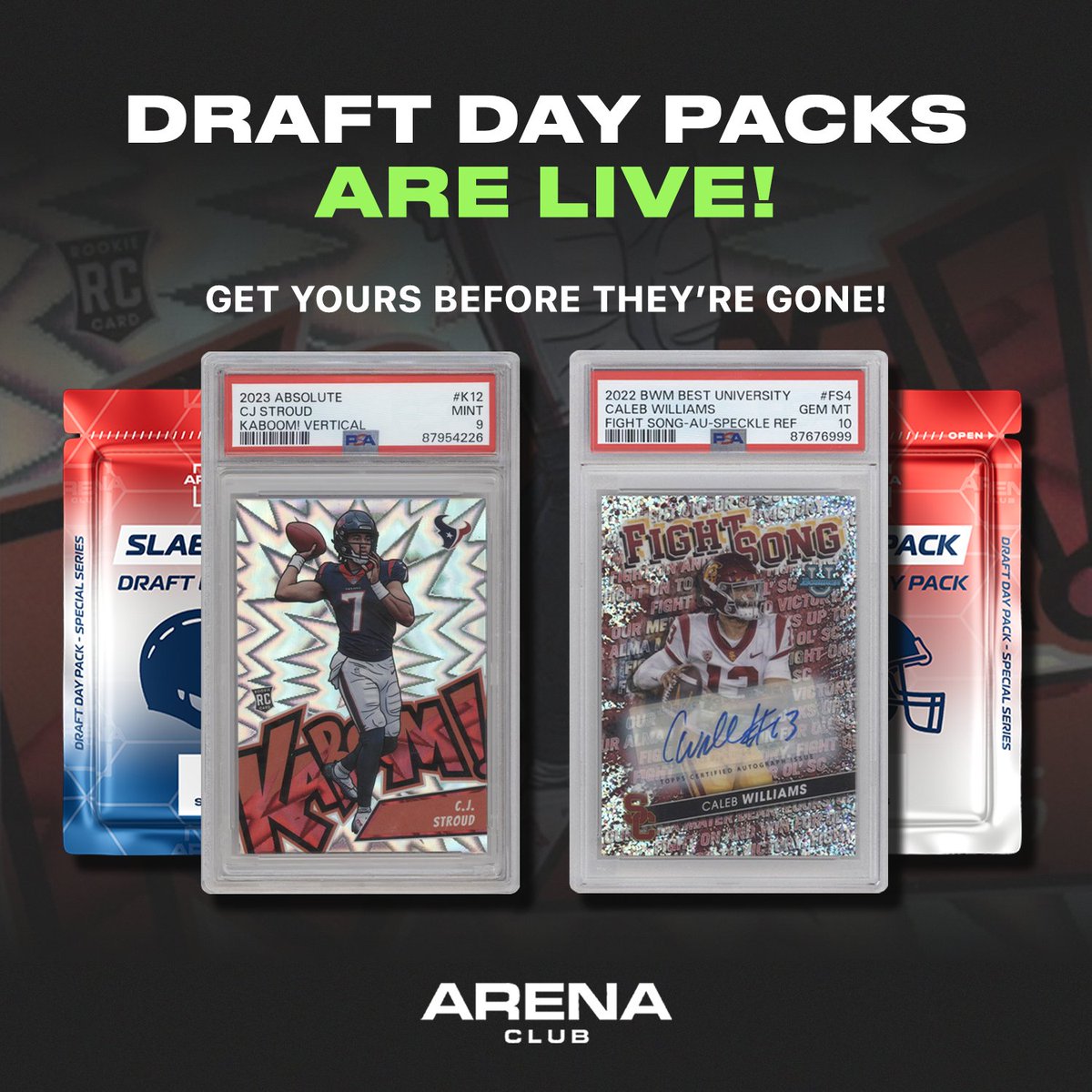 Draft Day Packs are Live! 🔥 🏈 Some of the major chasers are a CJ Stroud PSA Kaboom, a Caleb Williams Speckle Refractor Auto and many more awesome hits! 🤯 #arenaclub #slabpacks
