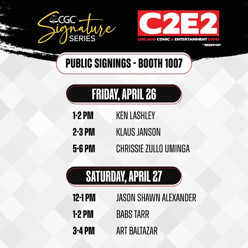 The @CGCSigSeries team will be signing with SIX creators at @c2e2 and each one is going to throw a sketch down on a jam piece that we’ll be auctioning off LIVE this Sunday on @eBay with @BigClutch! 🤯 All proceeds to @Comicbooks4kids! Pull up to booth #1007 this weekend! ✍️