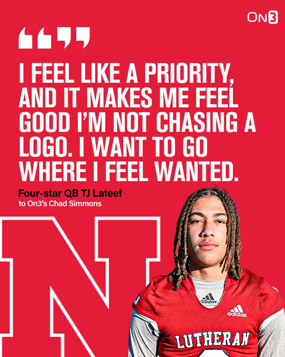 4-star QB TJ Lateef is set for an official visit to Nebraska this weekend, and he tells @ChadSimmons_ the Huskers have made him feel like a top target🌽 Read: on3.com/news/4-star-qb…