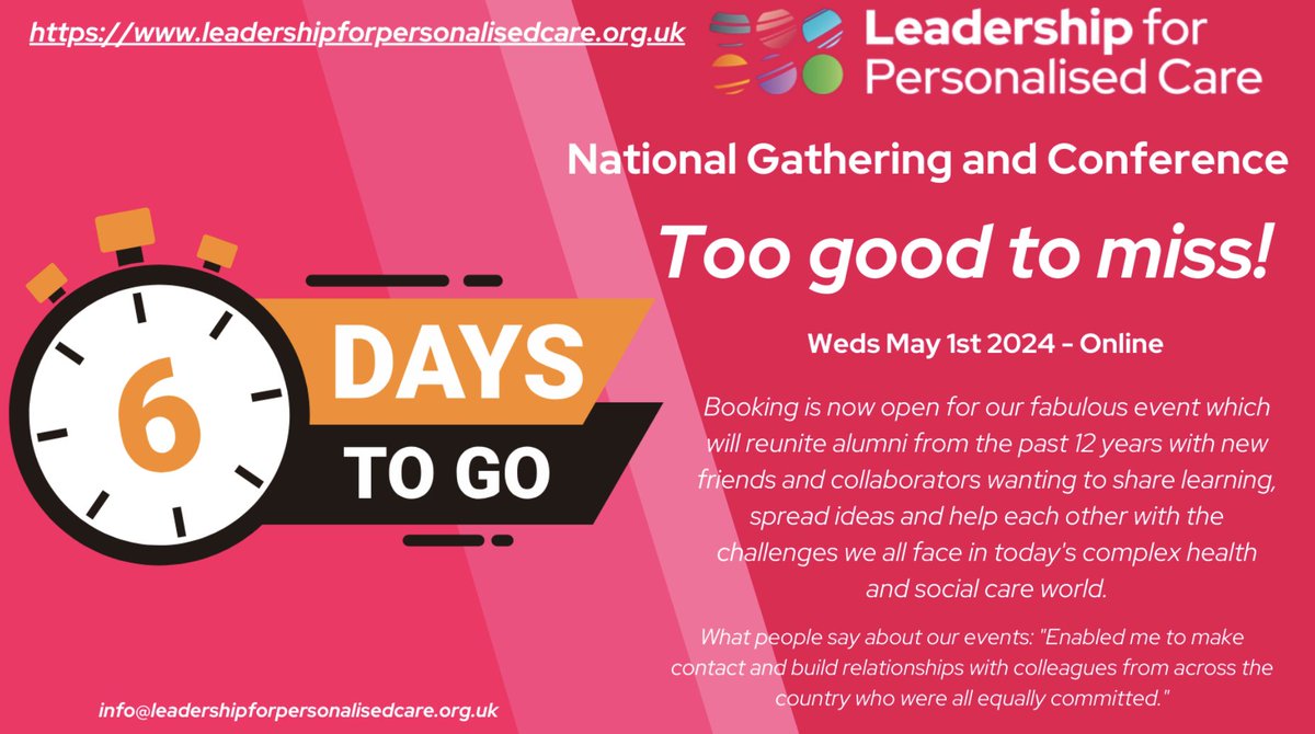 Leadership for Personalised Care Programme (@leadership4pc) on Twitter photo Only 6 days to go until our #L4PC National Gathering and Conference. Get your free ticket here:eventbrite.co.uk/e/leadership-f… Only 6 days to go until our #L4PC National Gathering and Conference. Get your free ticket here:eventbrite.co.uk/e/leadership-f…