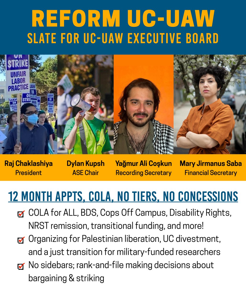 ❤️‍🔥 4811 EBOARD SLATE ALERT❤️‍🔥 Raj, Dylan, Ali, and Mary are running as REFORM UC-UAW, fighting for no tiers, no concessions, COLA for ALL, Cops Off Campus, BDS, and much more!! More info at linktr.ee/reformucuaw & flyers below 👇 All 4811 members can vote via email May 2-3!