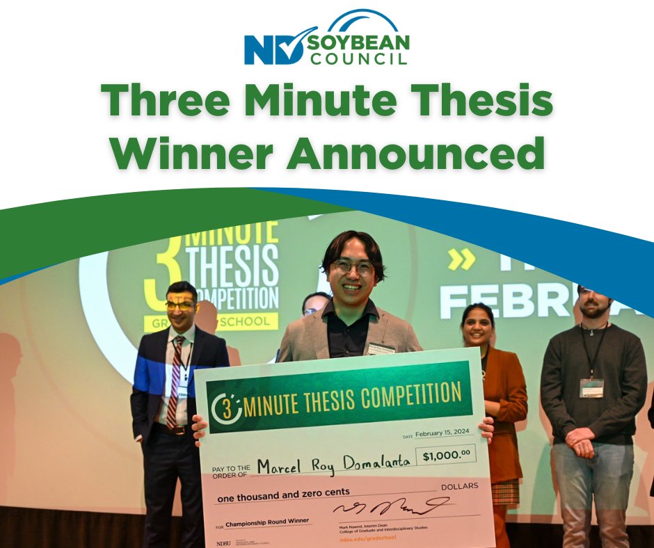 Marcel Roy Domalanta was announced as the champion of the @NDSU Graduate School's Three Minute Thesis competition. Domalanta's presentation was titled 'Soy Much Better: Making Non-Stick Materials Stick'. To learn more about Domalanta's research, visit bit.ly/2024ThreeMinut…