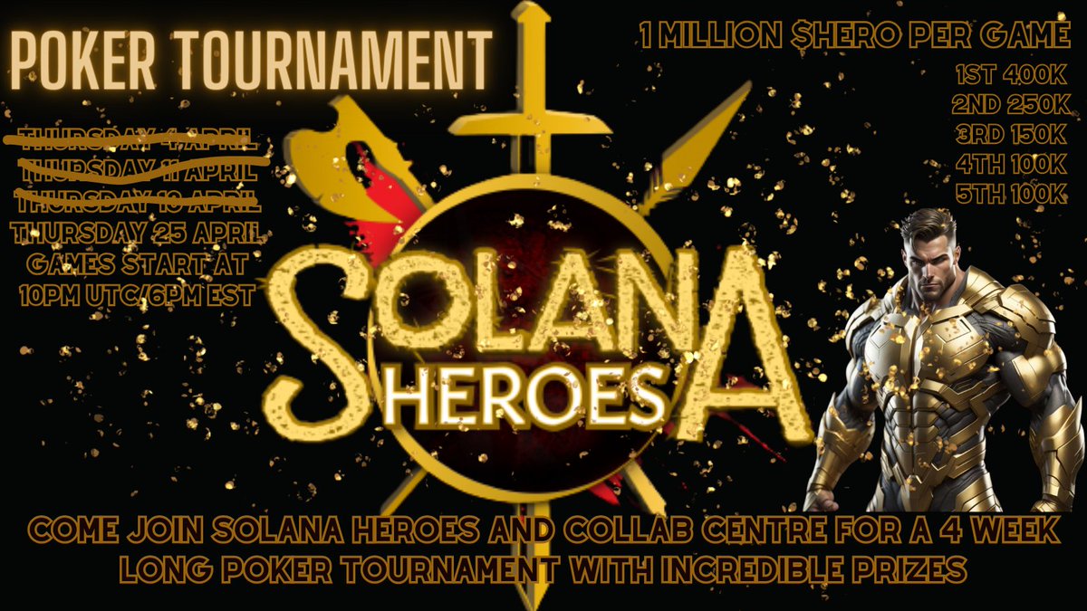 centre_collab's tweet photo. 🌟 Solana Heroes Presents: Million $HERO Poker Tournament! 🌟

**WEEK 4**

Calling all poker enthusiasts and Solana Heroes fans! Get ready for the ultimate showdown as we host our exclusive Million $HERO Poker Tournament, where **TOP 5** winners will take their split of a whopping 1 million $HERO per game!

🃏 Date: Every Thursday in April!!
🃏 Time: <t:1714082400:F>
🃏 Location: Collab Centre club GG poker room id 545012
🔒Password location: Solana Heroes 
https://t.co/aR7jWgmJnR

Join us for an electrifying evening filled with thrilling poker action, intense competition, and massive rewards.

Don't miss your chance to showcase your poker skills, connect with fellow Solana Heroes enthusiasts, and win big with 1 million $HERO up for grabs in each game!

Mark your calendars and get ready to go all-in for glory. Stay tuned for registration details and more exciting announcements coming soon.

Let's shuffle up and deal, Solana Heroes style! See you at the tables! ♠️♥️♣️♦️

# if your club GG name is not pingable in **BOTH** discords you will be disqualified from receiving prizes