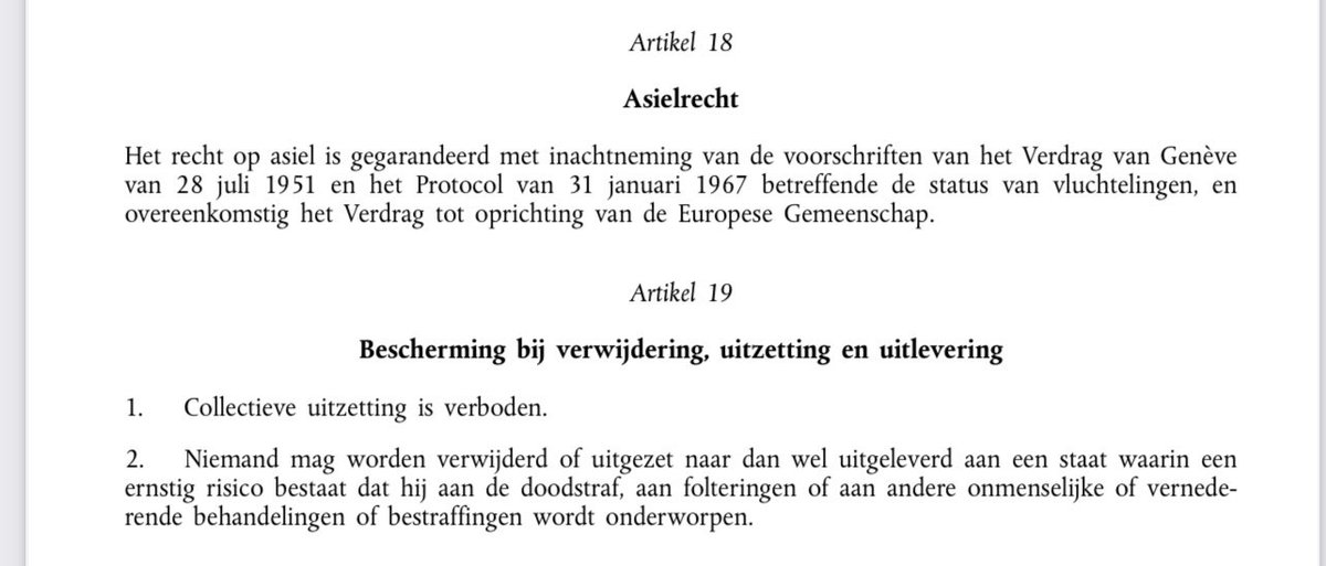 Politici die van hoge toren blazen over #asielcrisis lees art. 18 uit het Handvest van de Grondrechten van de EU ‘Het recht op asiel is gegarandeerd’. Art. 19 is identiek aan art. 3 van het EVRM ‘het beginsel van non-refoulement’. Asiel is verankerd in het EU-recht. #nieuwsuur