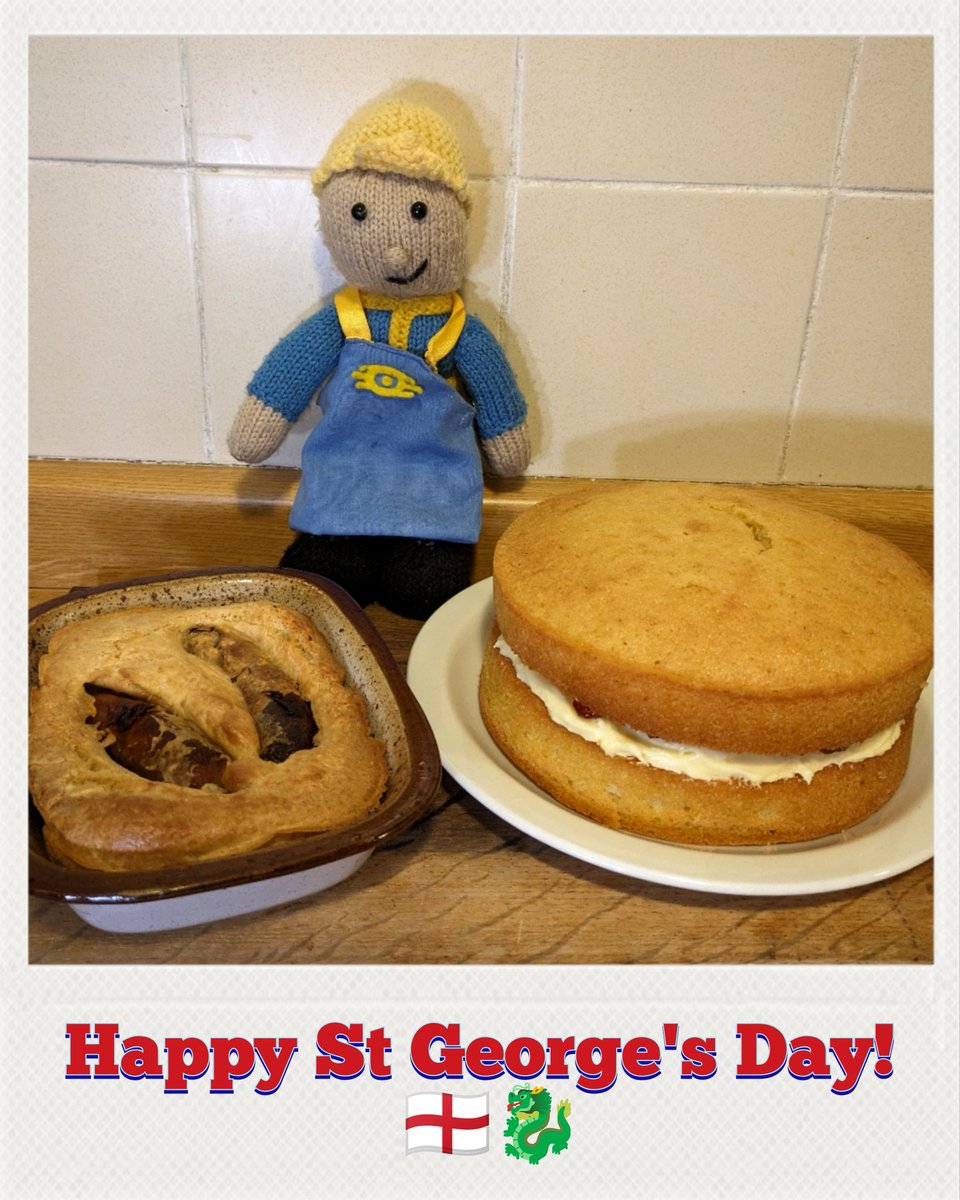 CrazyMCRAngel's tweet photo. 🏴󠁧󠁢󠁥󠁮󠁧󠁿 Vault Boy celebrates St George's day with "Toad in the Hole" and a "Victoria Sponge Cake"! 🏴󠁧󠁢󠁥󠁮󠁧󠁿 

#stgeorgesday #tastytuesday #vaultboy #toadinthehole #victoriaspongecake #englishfood https://t.co/Oag3AktoLe