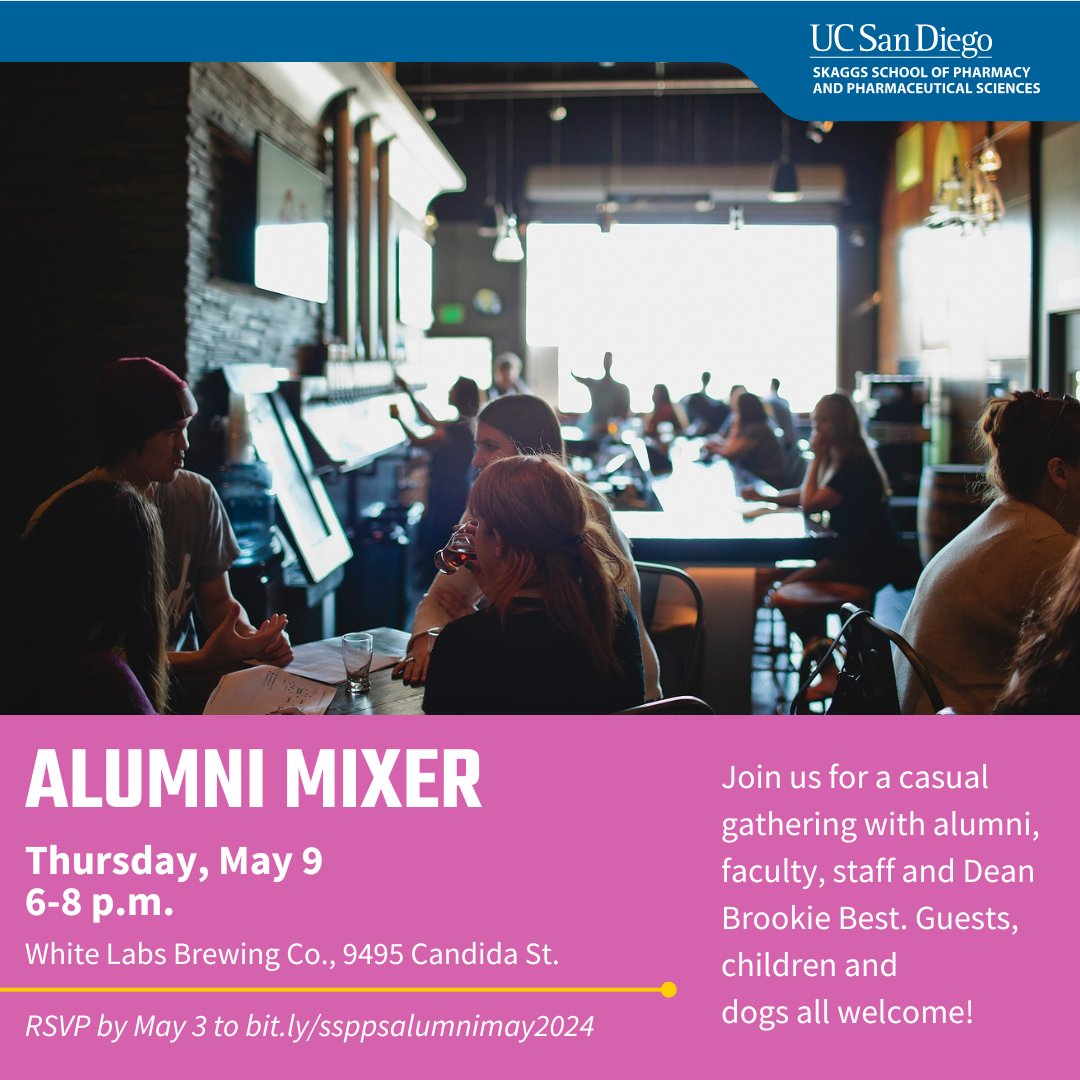 Calling all San Diego alums! Join us on May 9 from 6 to 8 p.m. for a casual mixer with our faculty, staff and Dean @Brookie_Best at White Labs Brewing Co. RSVP by May 3 to bit.ly/ssppsalumnimay…. Looking forward to catching up! #UCSDPharmacy