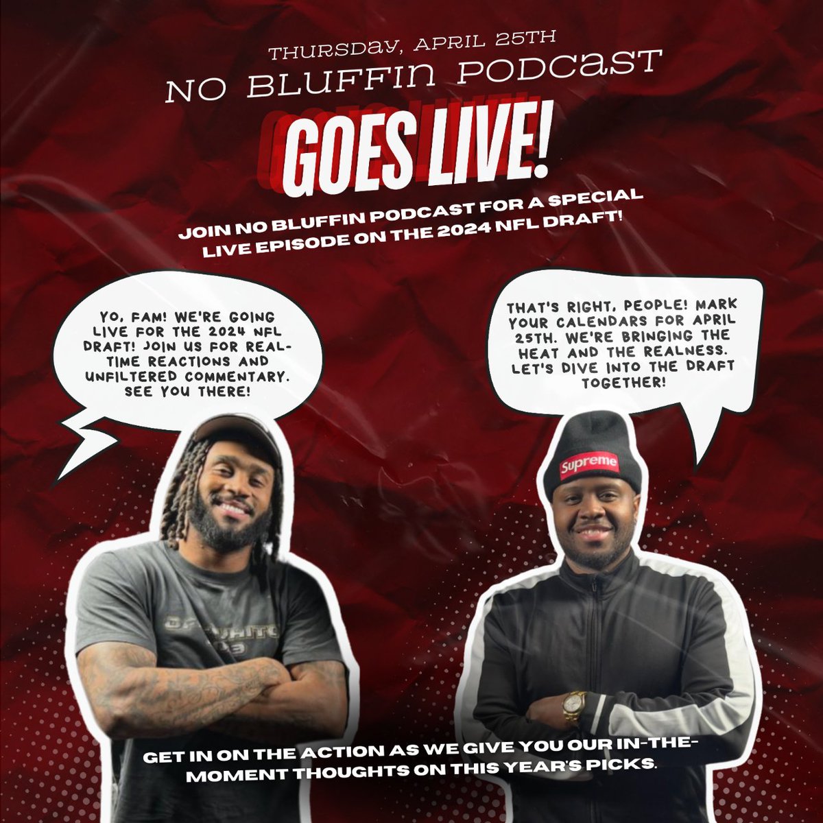 nobluffinpod's tweet photo. Tune in on Thursday to our Live Broadcast as we watch the @NFLDraft ! Get our real reactions and comments. We've been waiting on this after seeing how the combine went. We want to hear from you all so don't forget to tune in and comment! 
@iamjohnthethird @iamdrizzy__ @NFL https://t.co/vQeL1FafkB