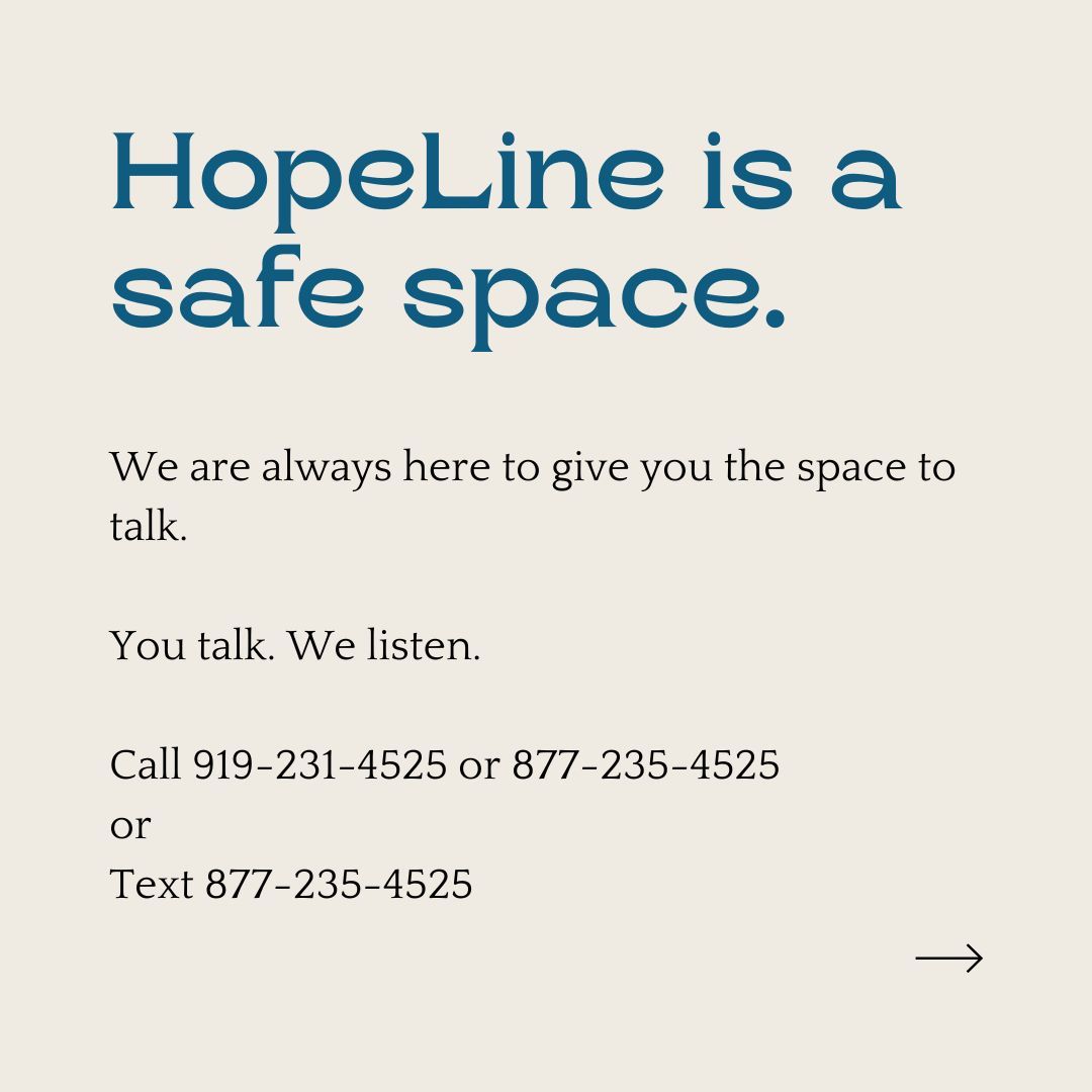 HopeLineNC's tweet image. April is Sexual Assault Awareness Month. HopeLine is a safe space - and we are here for you. 

Call 919-231-4525 or 877-235-4525.
Text 877-235-4525.