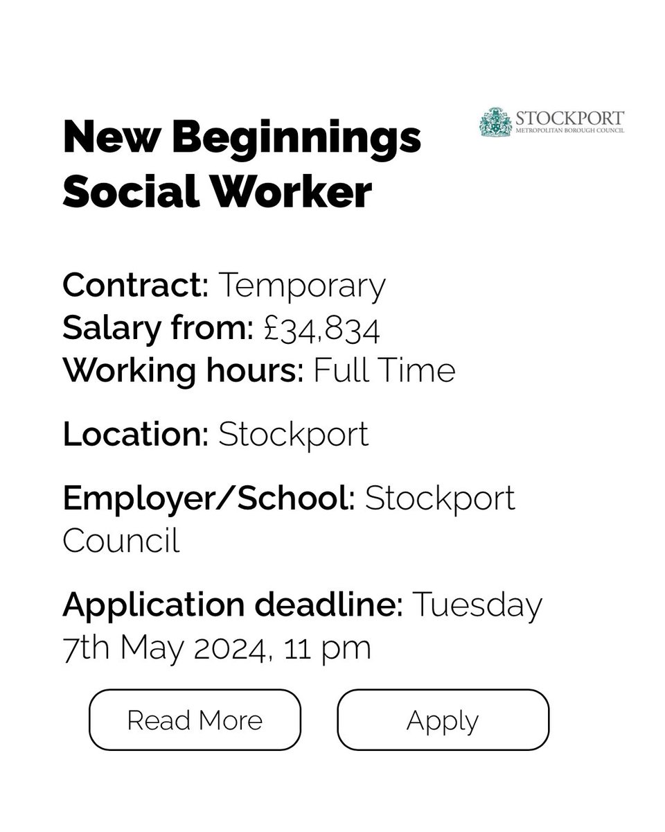 A fantastic opportunity has arisen for two passionate social workers to join our New Beginnings team. For more information please don’t hesitate to get in touch.  <a href="/JobsAtStockport/">Stockport Council Jobs</a> @NewBeginningsGM 

greater.jobs/search-and-app…