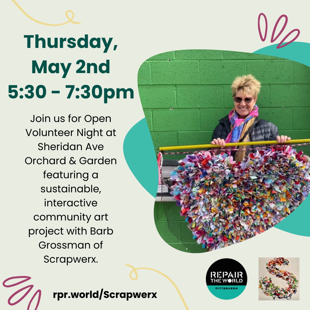 ⛔ NO open volunteer night at Sheridan Orchard & Garden tonight OR next Tuesday, 4/30 with our office closed for Passover. Catch us back in the garden on Thurs, May 2nd with Barb Grossman of Scrapwerx for an interactive sustainable art project!